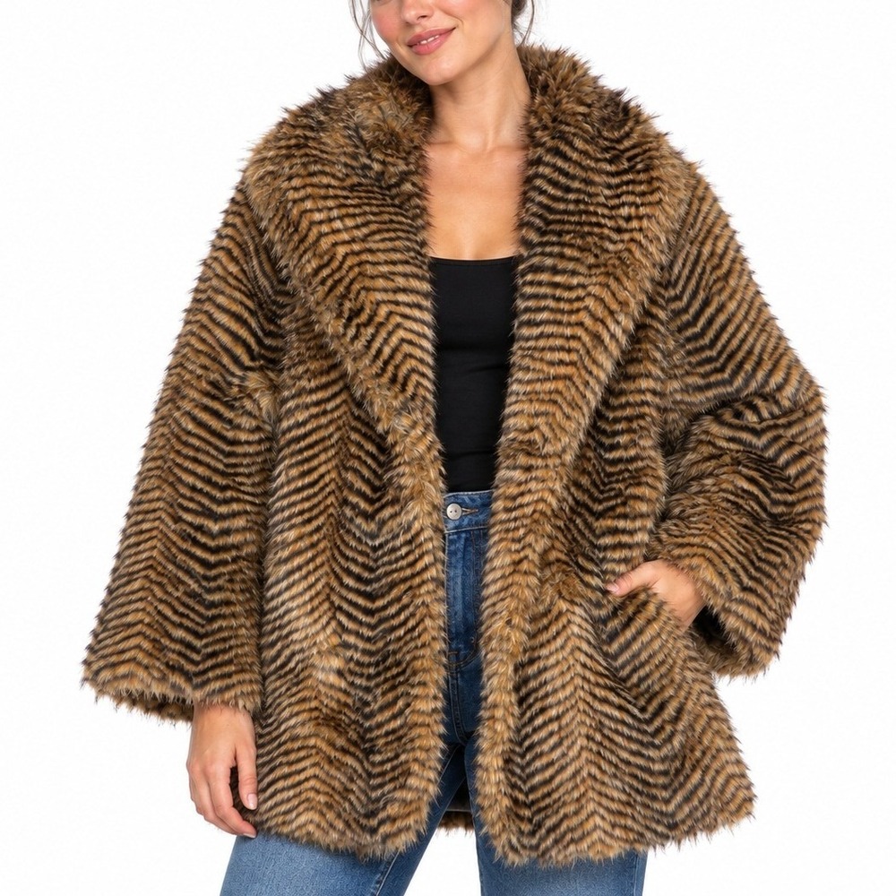Dennis Basso Faux Fur Coat Women XL Brown Chevron Animal Print Glam Winter Coat